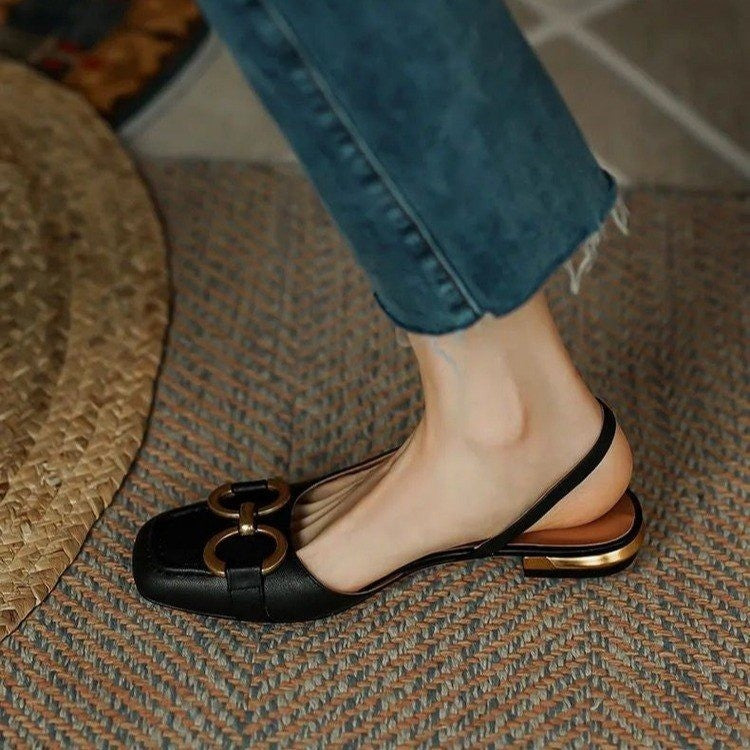 Alethea | Women’s Buckle Detail Square Toe Slingback Flats