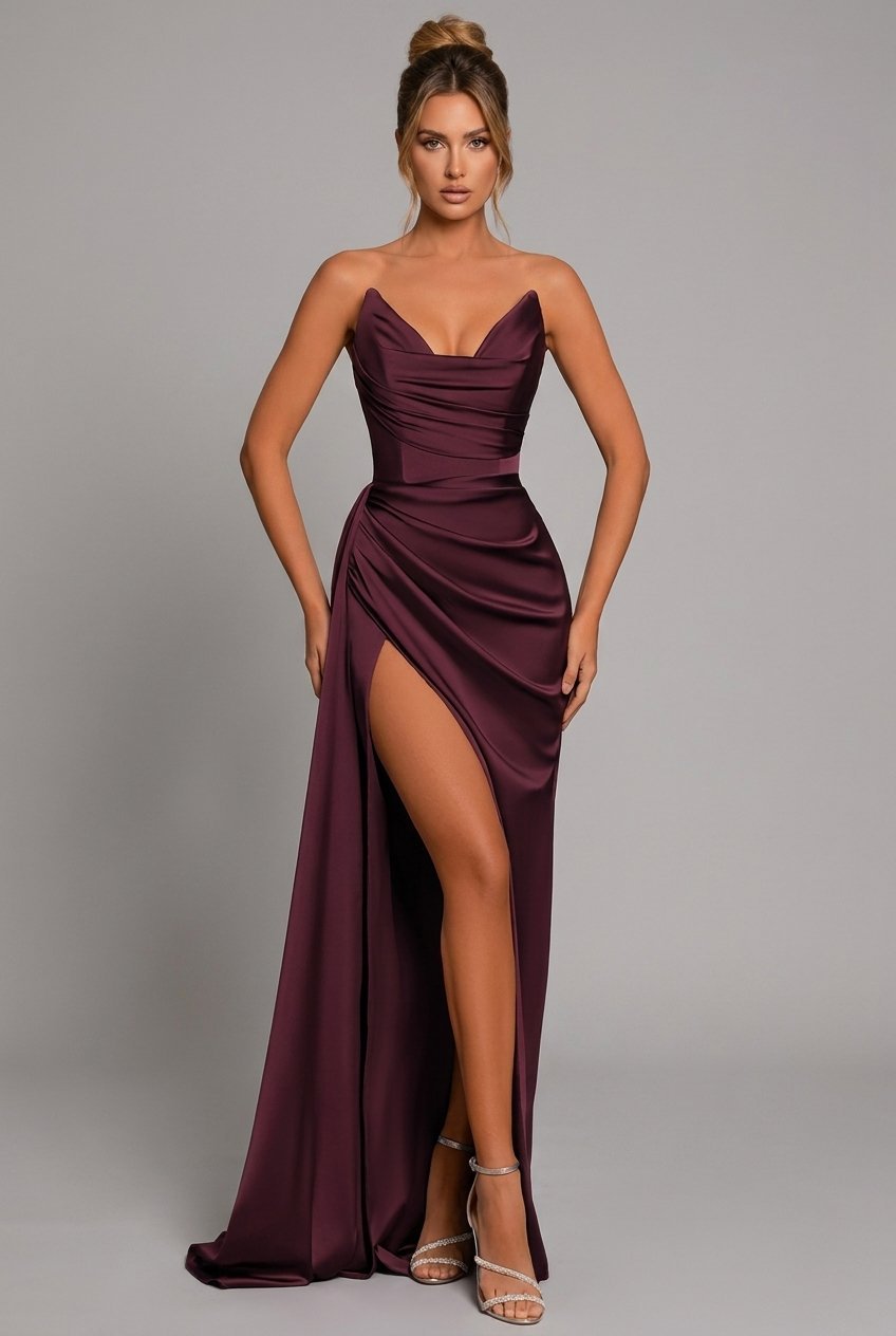 Alfie | Women’s Strapless Draped High Slit Flowy Maxi Dress