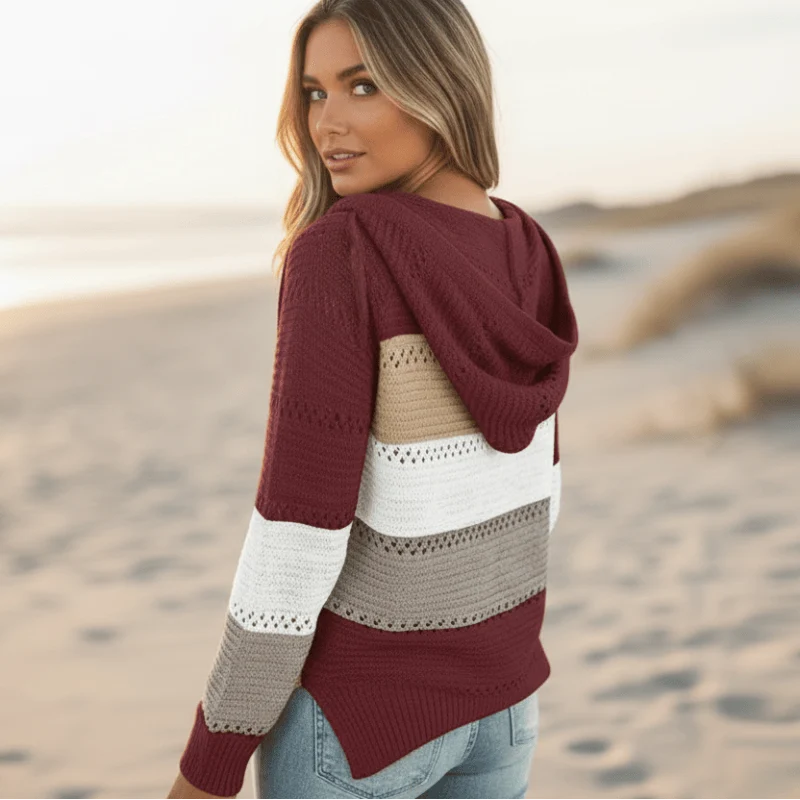 Alifiya | Women’s Striped Long Sleeve V Neck Hooded Sweater