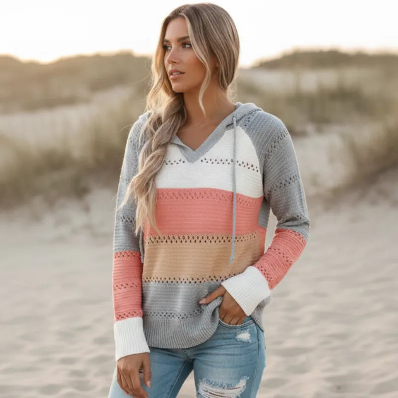 Alifiya | Women’s Striped Long Sleeve V Neck Hooded Sweater