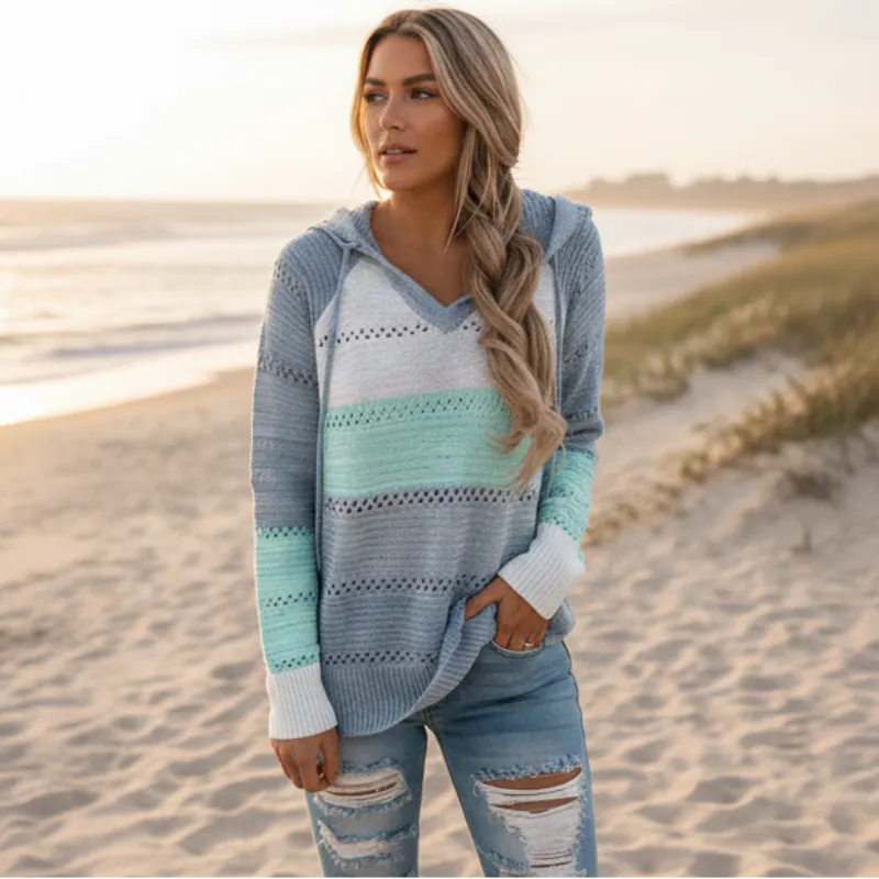 Alifiya | Women’s Striped Long Sleeve V Neck Hooded Sweater