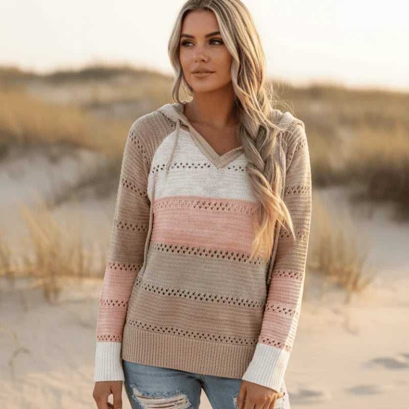 Alifiya | Women’s Striped Long Sleeve V Neck Hooded Sweater