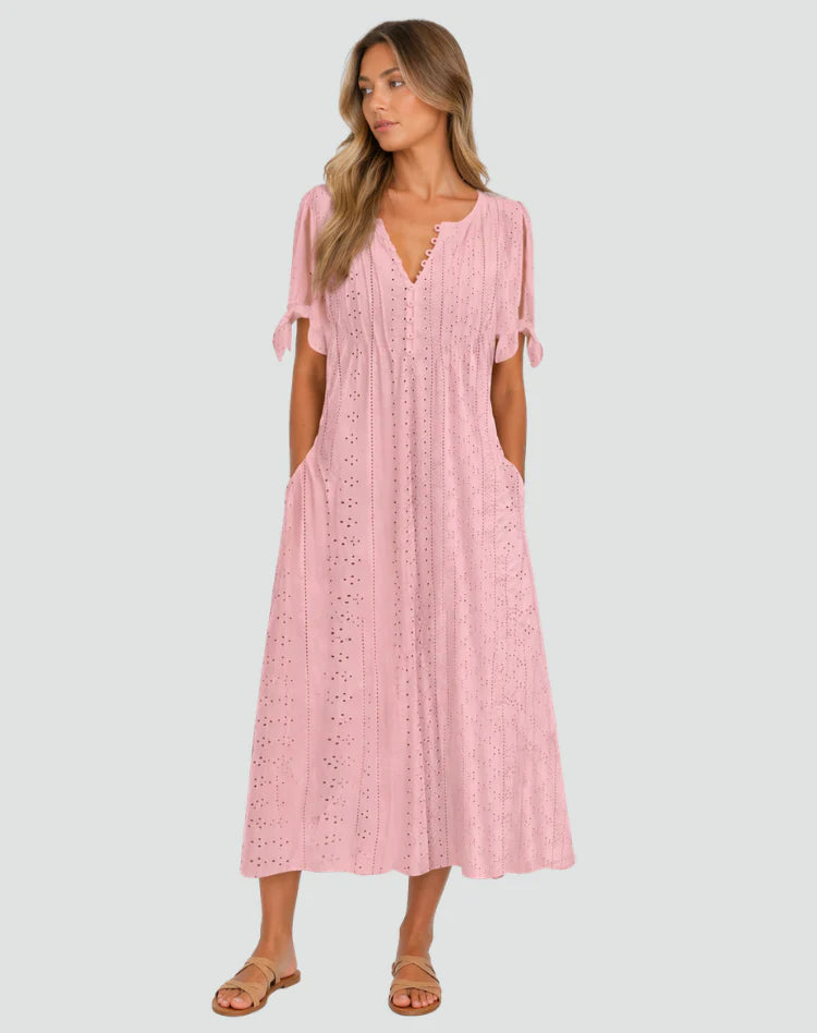 Alishba | Women’s Tie Sleeve V Neck Button Front Midi Dress