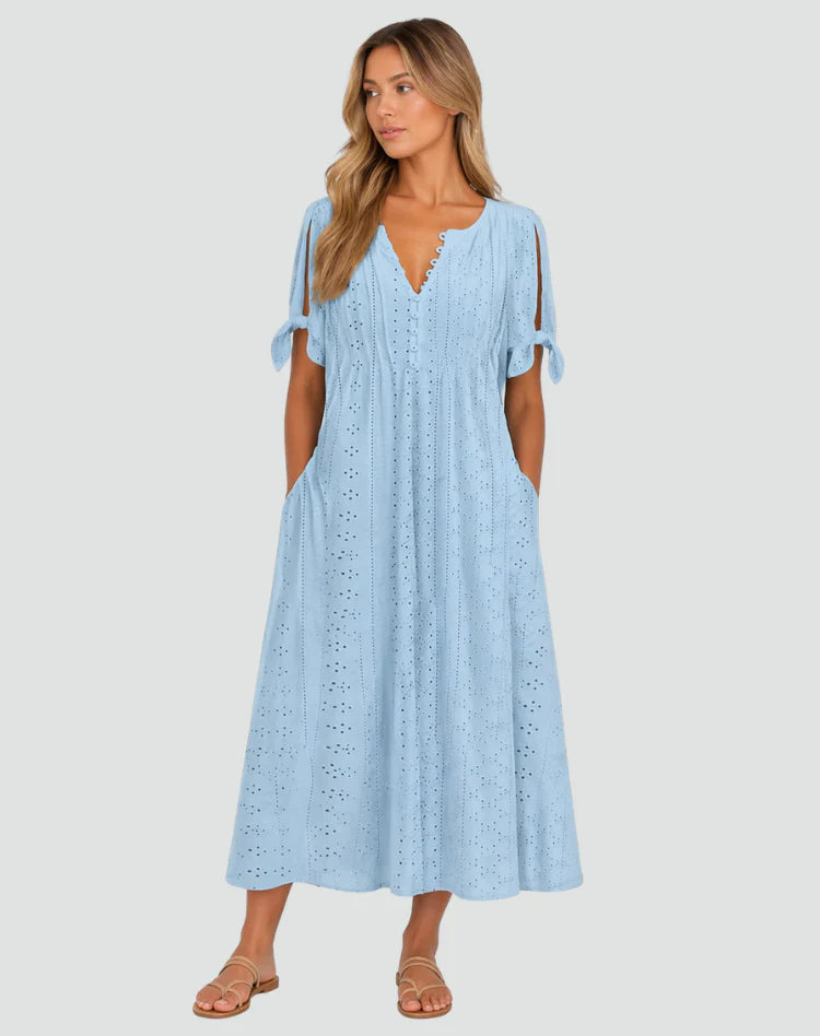 Alishba | Women’s Tie Sleeve V Neck Button Front Midi Dress