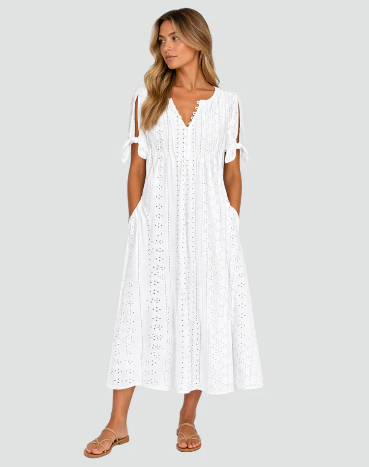 Alishba | Women’s Tie Sleeve V Neck Button Front Midi Dress