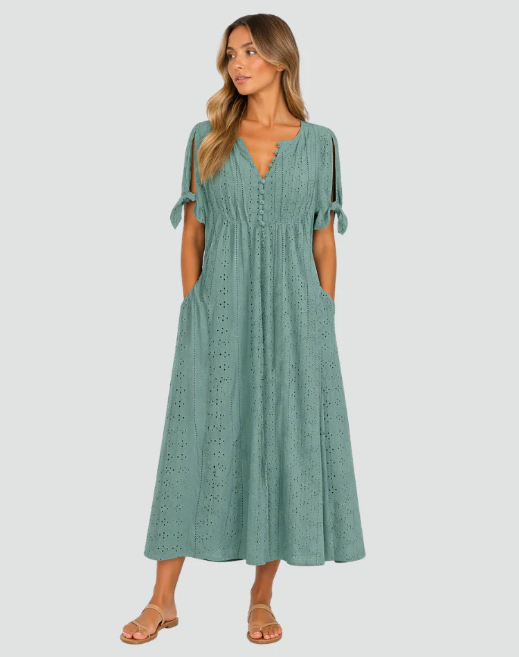 Alishba | Women’s Tie Sleeve V Neck Button Front Midi Dress