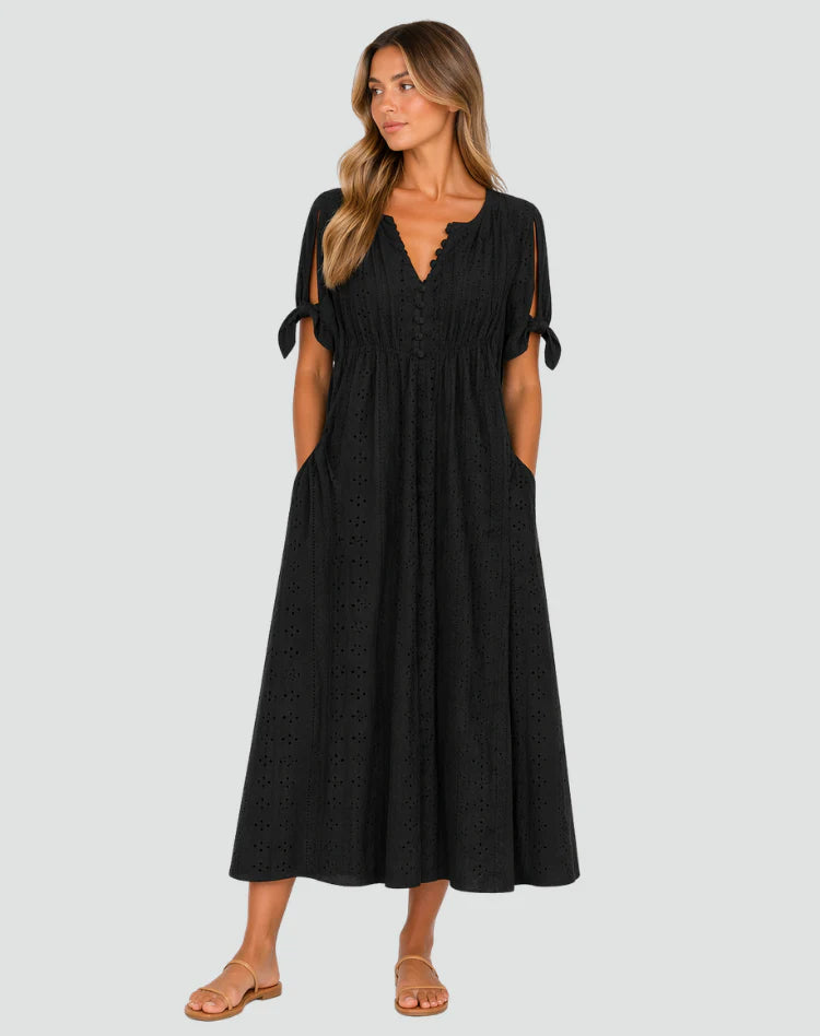 Alishba | Women’s Tie Sleeve V Neck Button Front Midi Dress