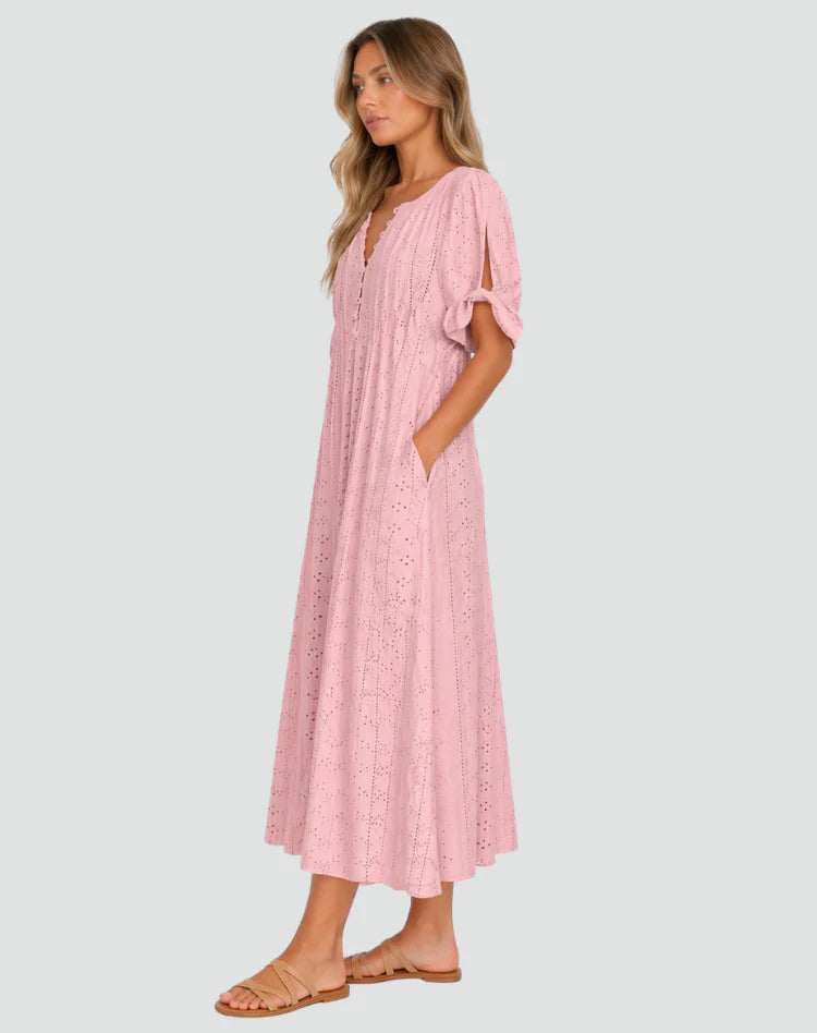 Alishba | Women’s Tie Sleeve V Neck Button Front Midi Dress