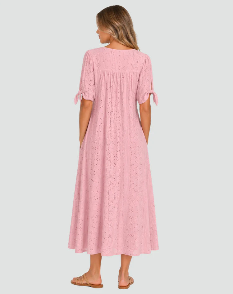 Alishba | Women’s Tie Sleeve V Neck Button Front Midi Dress