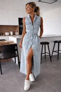 Aliya | Women’s Collared Sleeveless Button Front Denim Maxi Dress