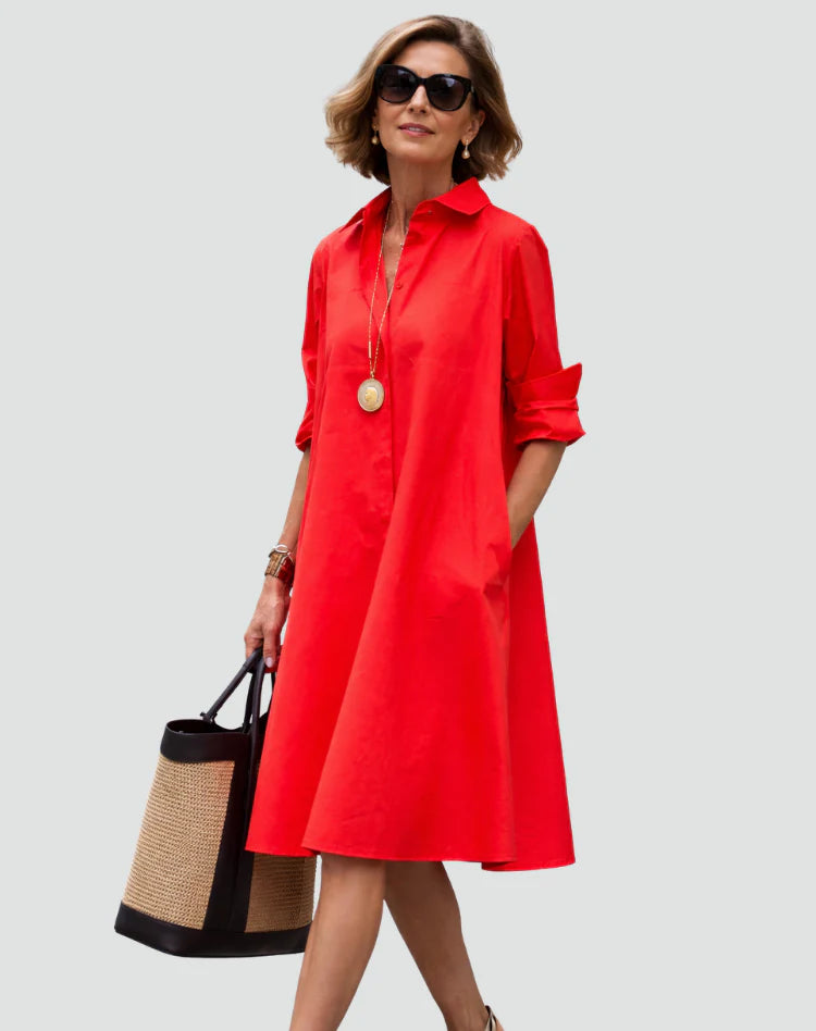 Aliyha | Women’s Pointed Collar Long Sleeve Shirt Midi Dress