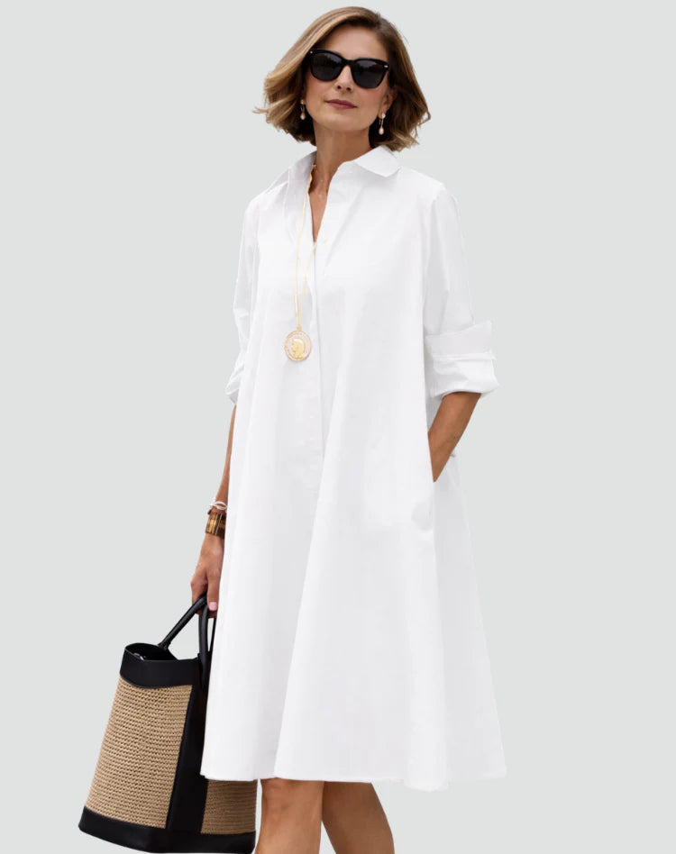 Aliyha | Women’s Pointed Collar Long Sleeve Shirt Midi Dress