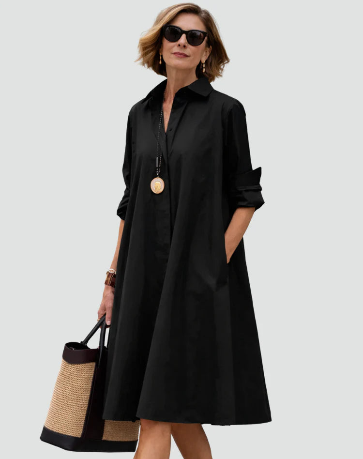 Aliyha | Women’s Pointed Collar Long Sleeve Shirt Midi Dress