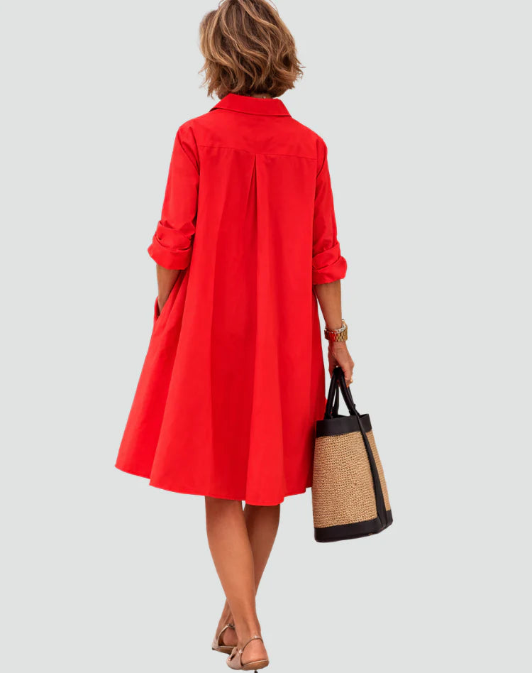 Aliyha | Women’s Pointed Collar Long Sleeve Shirt Midi Dress
