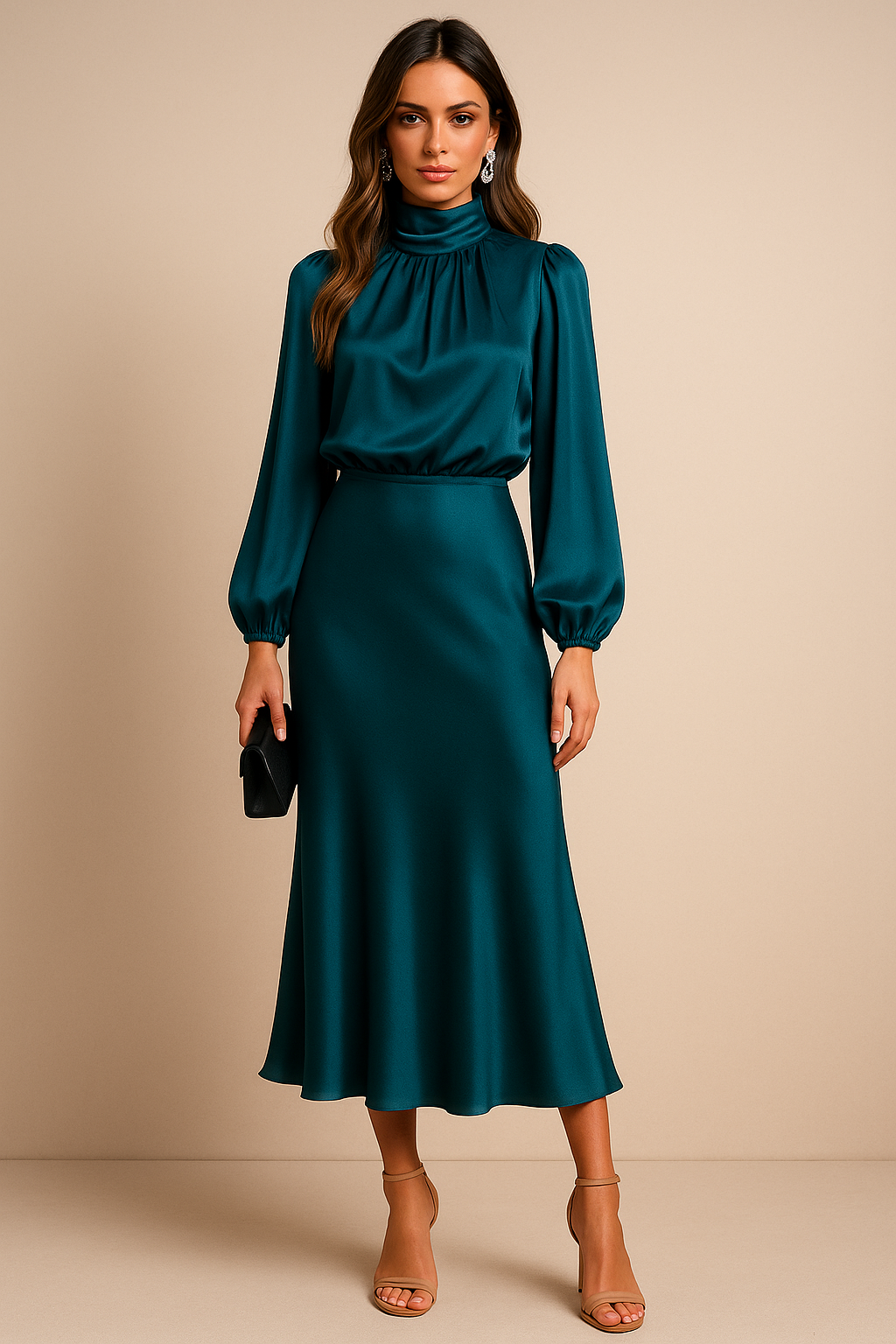 Allegra | Women’s High Neck Long Sleeve Midi Dress