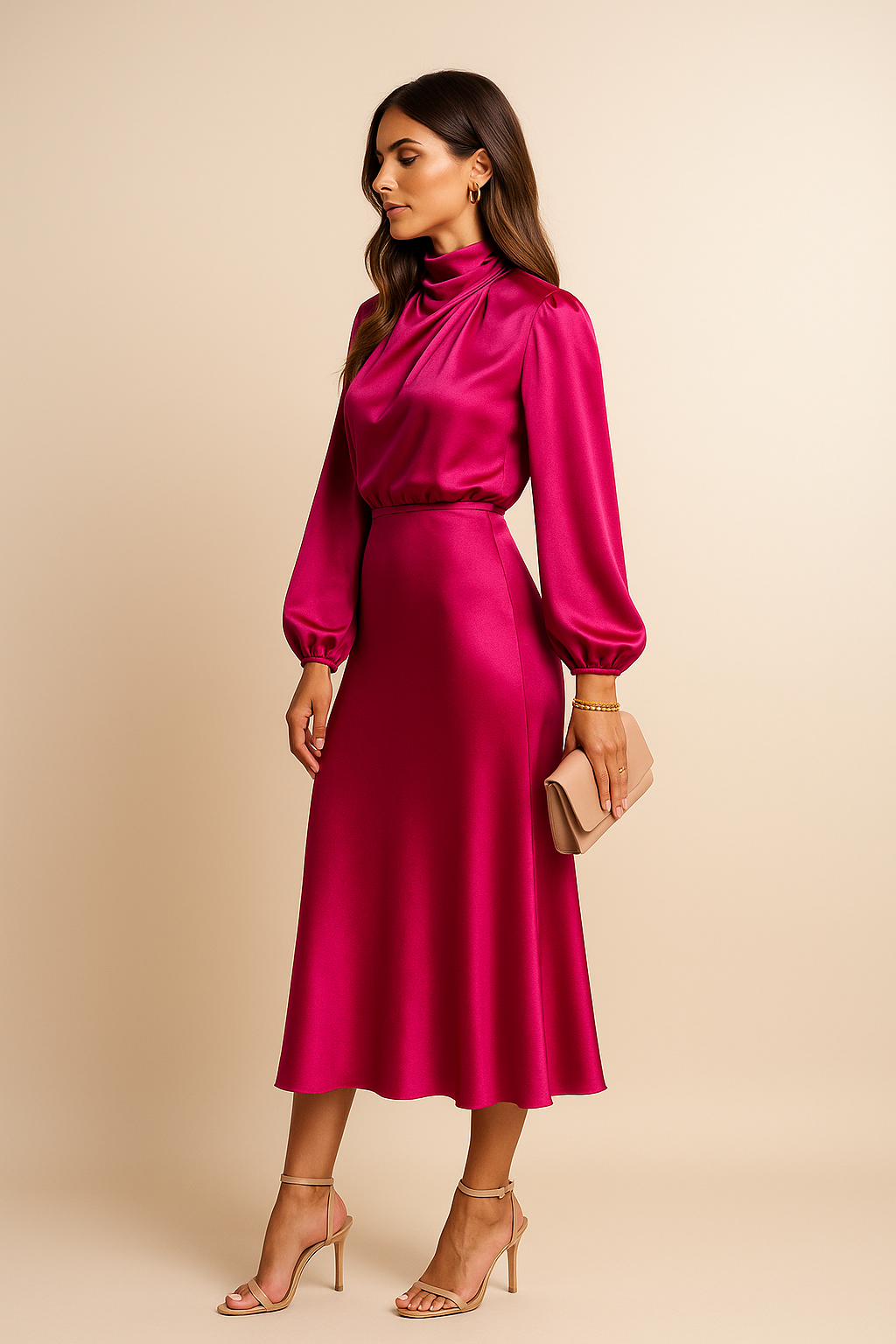 Allegra | Women’s High Neck Long Sleeve Midi Dress