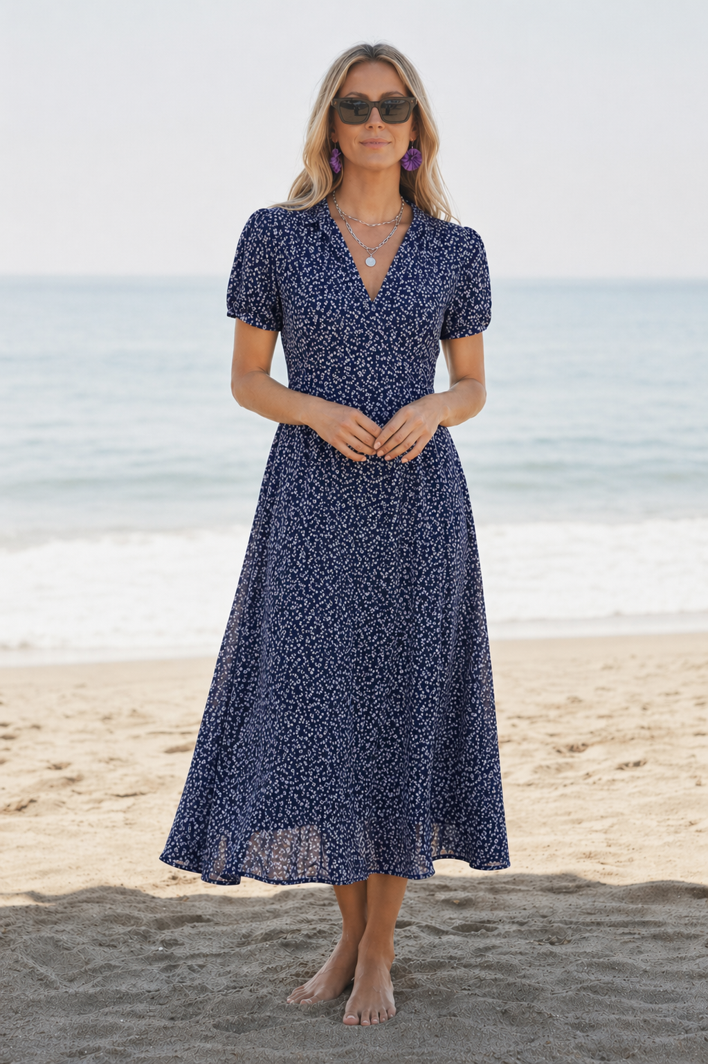 Alora | Women's V Neck Short Sleeve Ditsy Print Dress