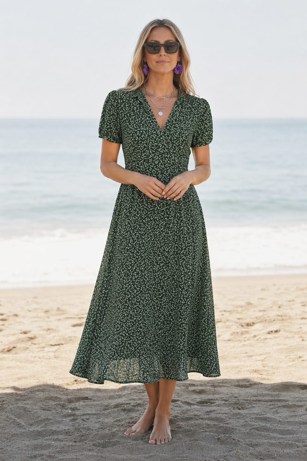 Alora | Women's V Neck Short Sleeve Ditsy Print Dress