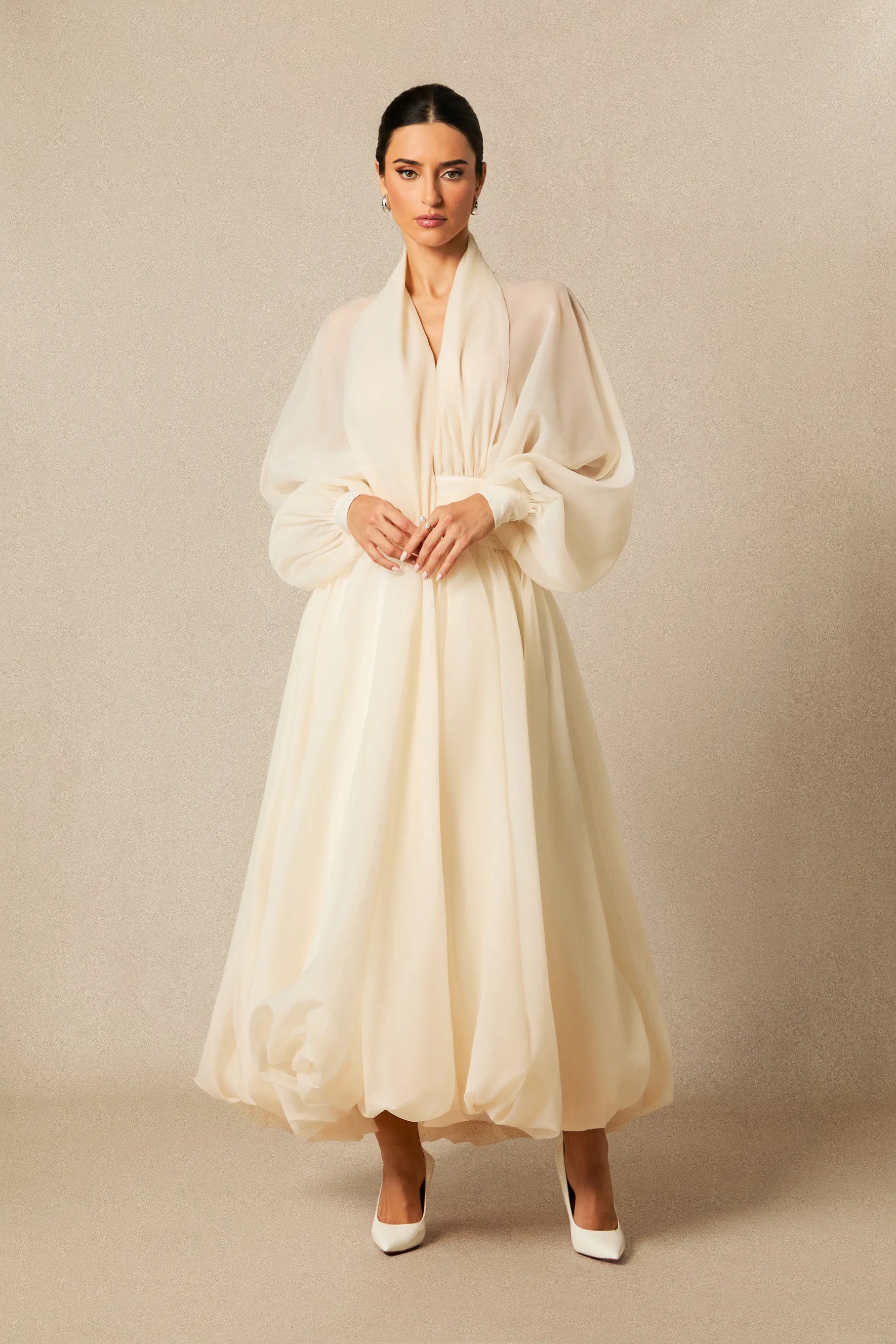 Alysha | Women’s Mesh Long Sleeve V Neck Flowy Maxi Dress