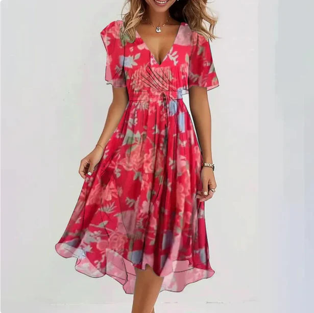 Alyson | Women's V Neck Short Sleeve Floral Midi Dress