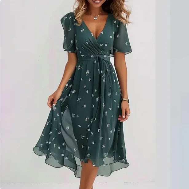 Alyson | Women's V Neck Short Sleeve Floral Midi Dress