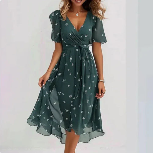 Alyson | Women's V Neck Short Sleeve Floral Midi Dress