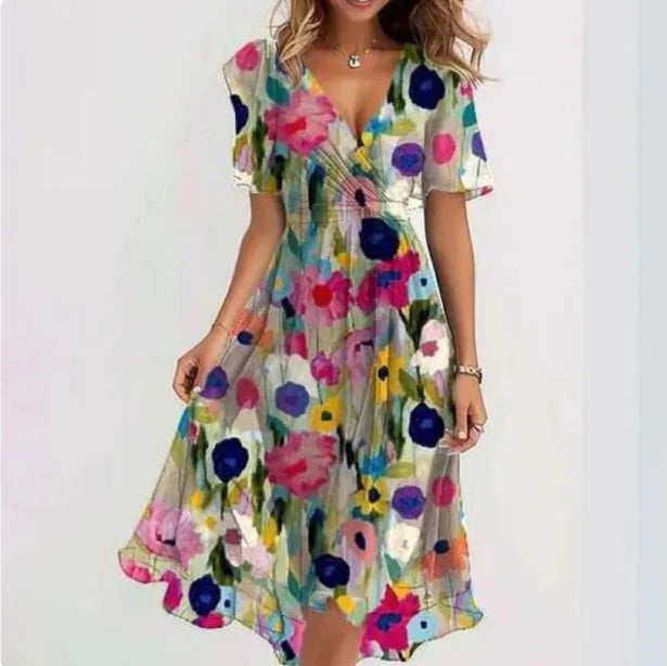 Alyson | Women's V Neck Short Sleeve Floral Midi Dress