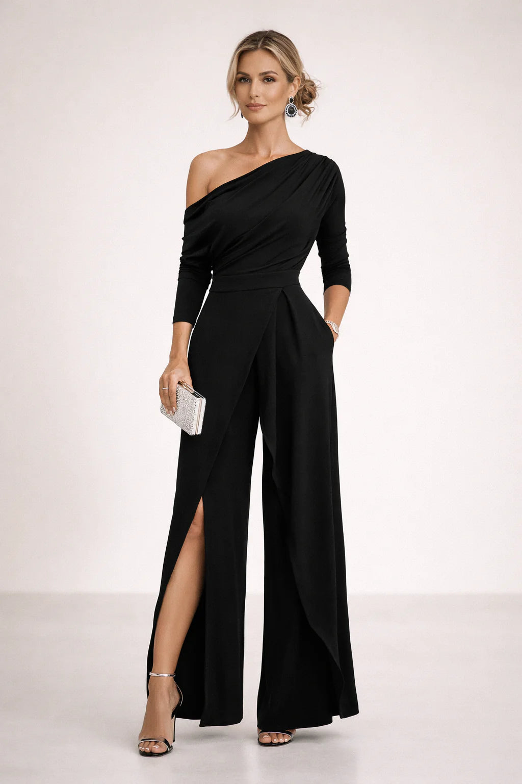 Amada | Women’s One Shoulder Draped Wrap Front Wide Leg Jumpsuit