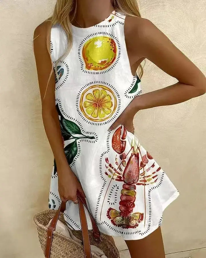 Amado | Women’s Sleeveless Printed Round Neck Summer Mini Dress