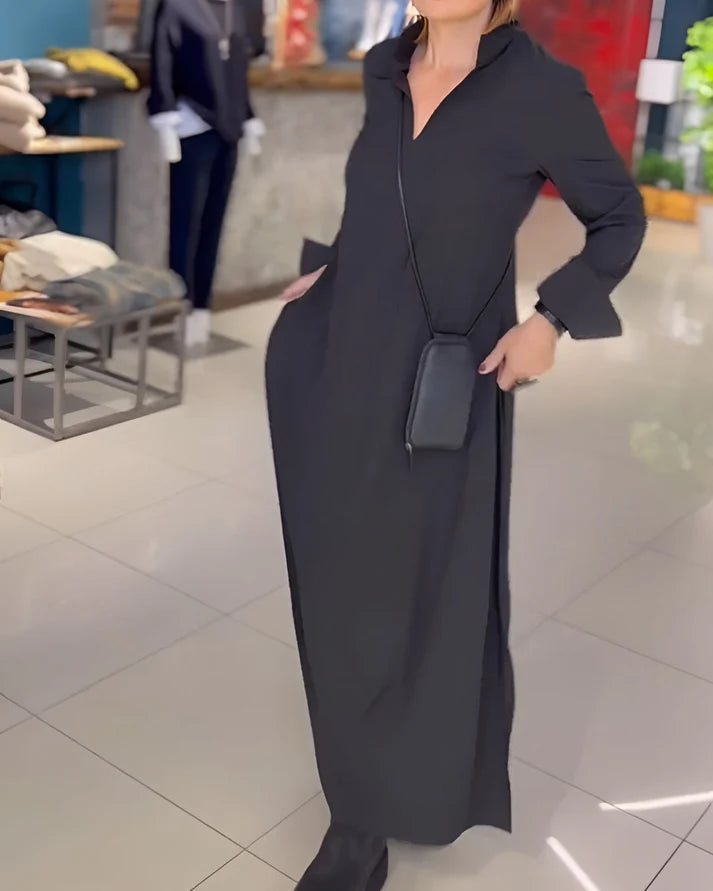 Amala | Women’s Long Sleeve V Neck Collared Flowy Maxi Dress
