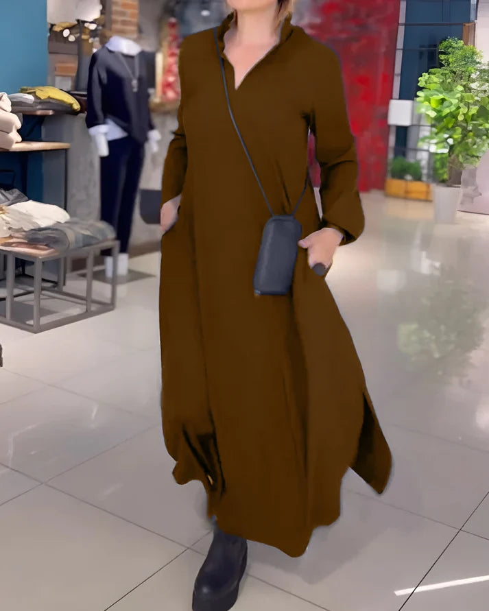 Amala | Women’s Long Sleeve V Neck Collared Flowy Maxi Dress