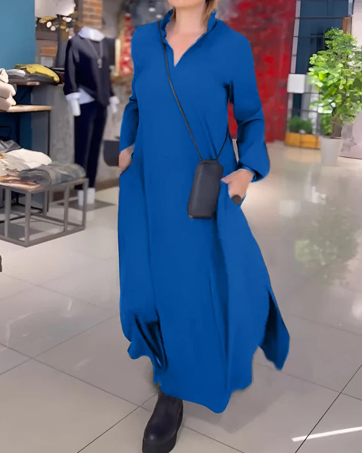 Amala | Women’s Long Sleeve V Neck Collared Flowy Maxi Dress