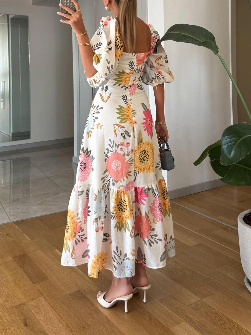 Amalia | Women’s Floral Square Neck Puff Sleeve Tiered Maxi Dress