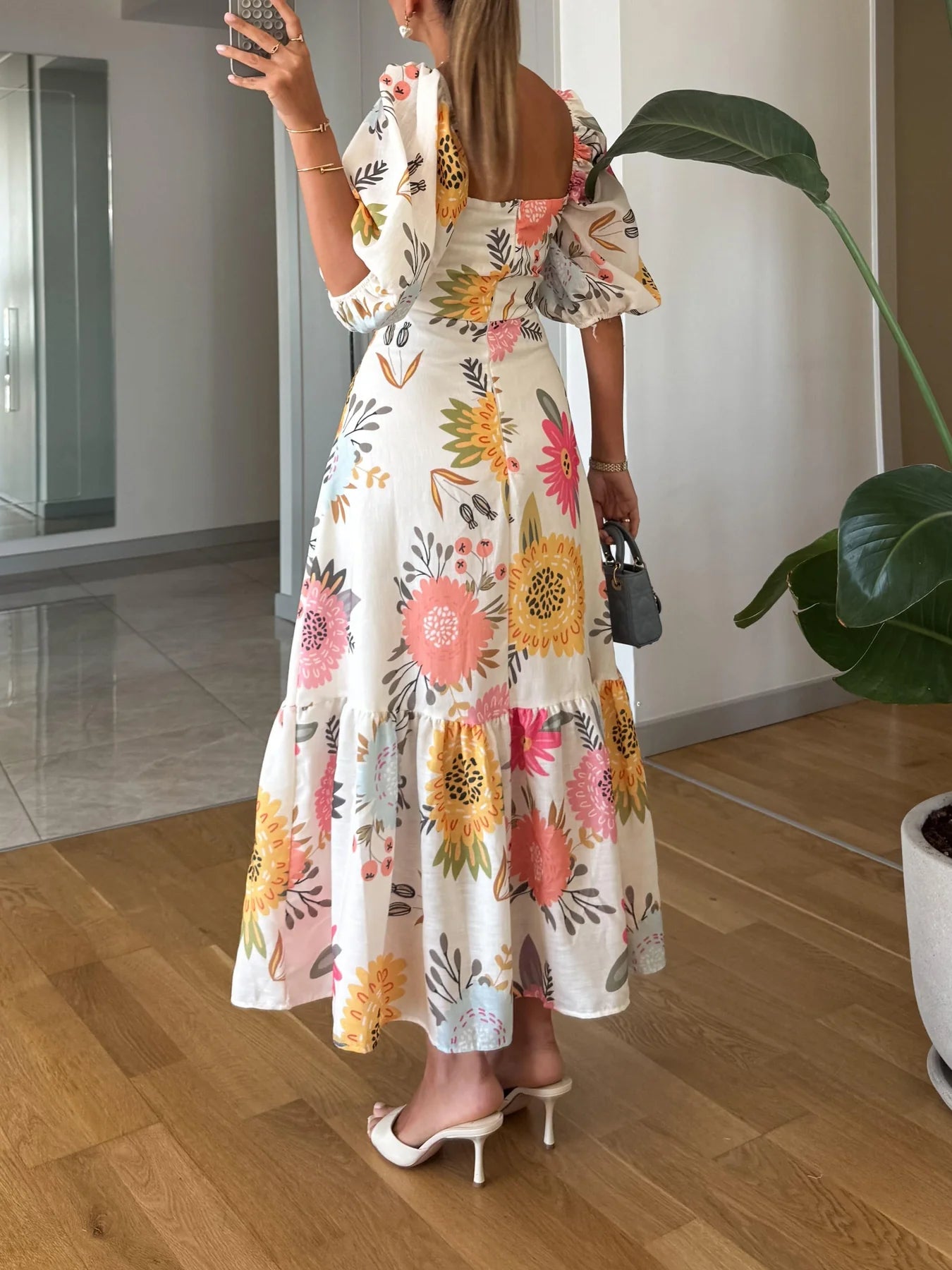 Amalia | Women’s Floral Square Neck Puff Sleeve Tiered Maxi Dress