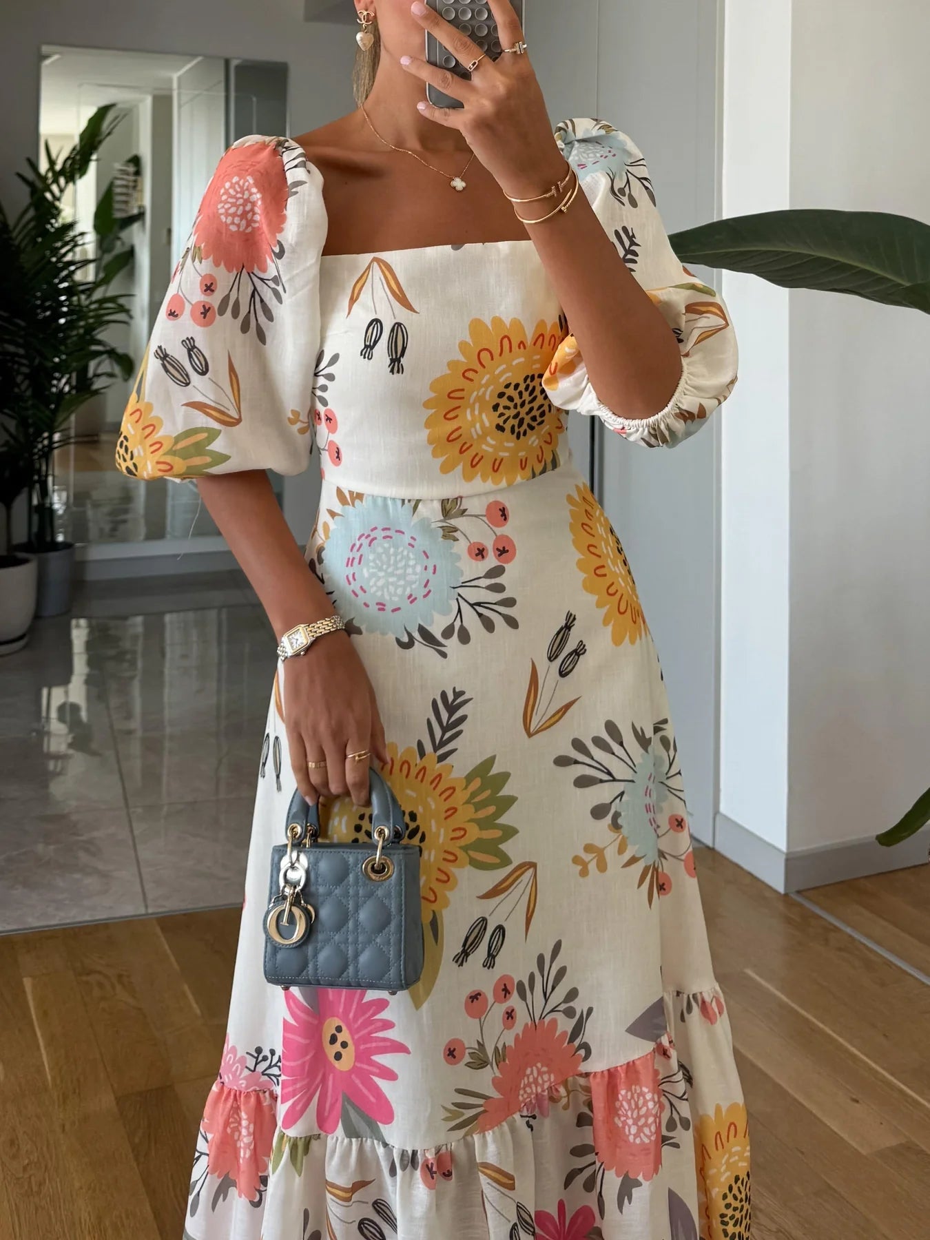 Amalia | Women’s Floral Square Neck Puff Sleeve Tiered Maxi Dress