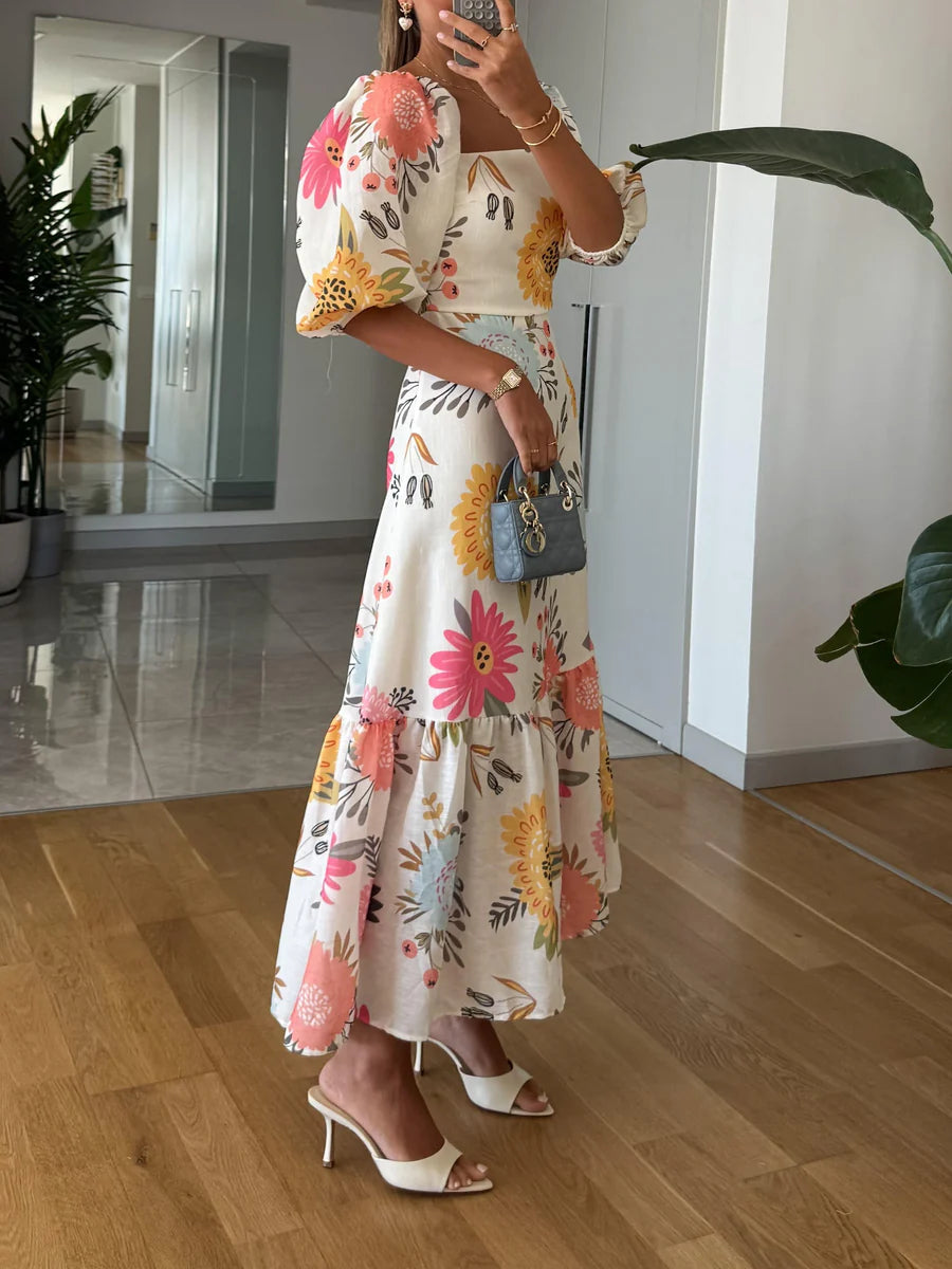 Amalia | Women’s Floral Square Neck Puff Sleeve Tiered Maxi Dress