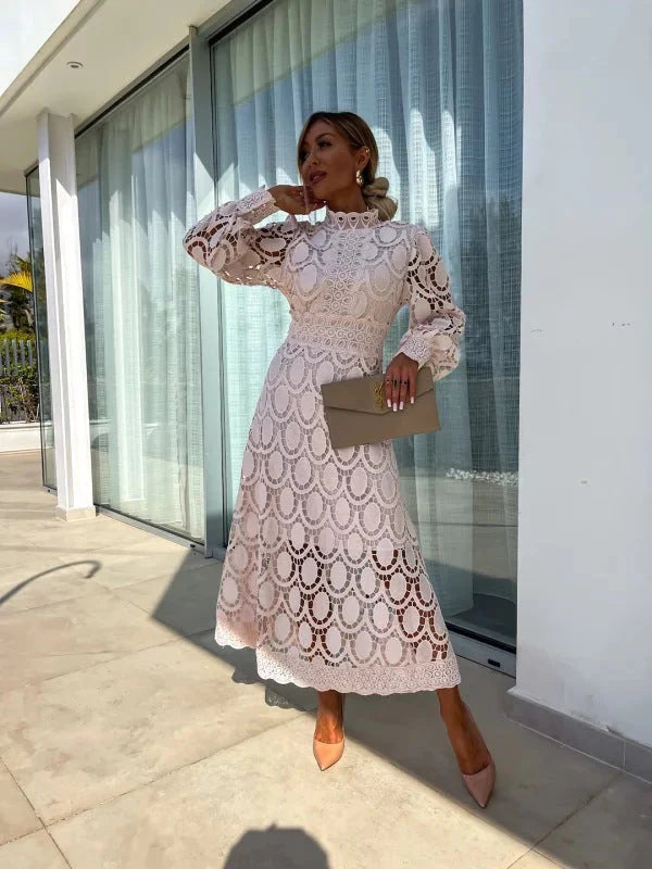 Amanda | Women’s Mock Neck Puff Sleeve Midi Dress