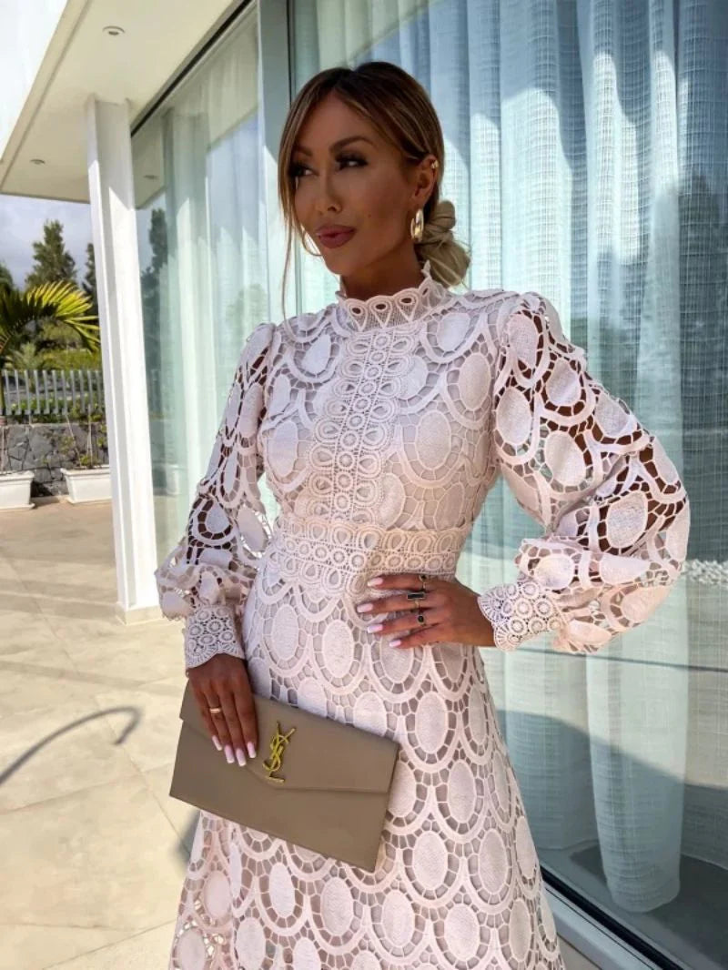 Amanda | Women’s Mock Neck Puff Sleeve Midi Dress