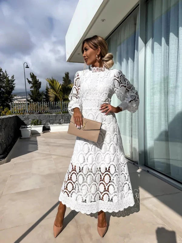 Amanda | Women’s Mock Neck Puff Sleeve Midi Dress