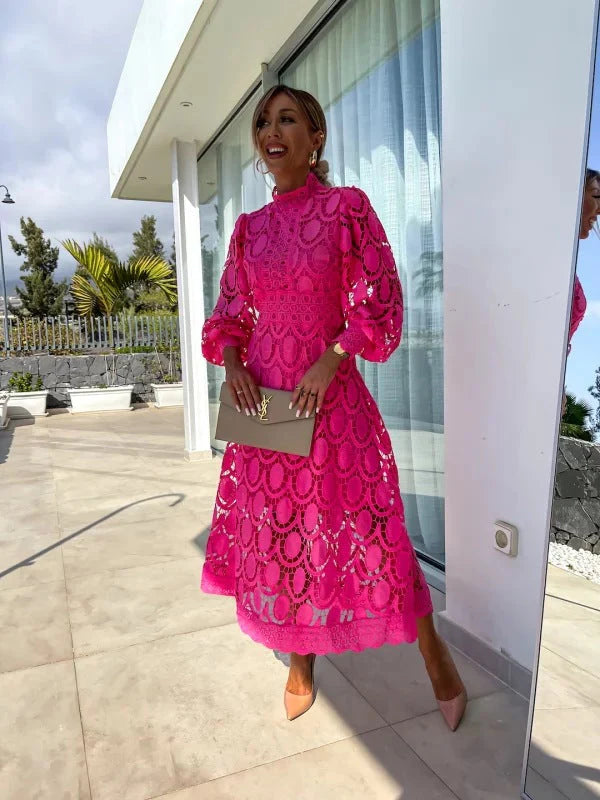 Amanda | Women’s Mock Neck Puff Sleeve Midi Dress