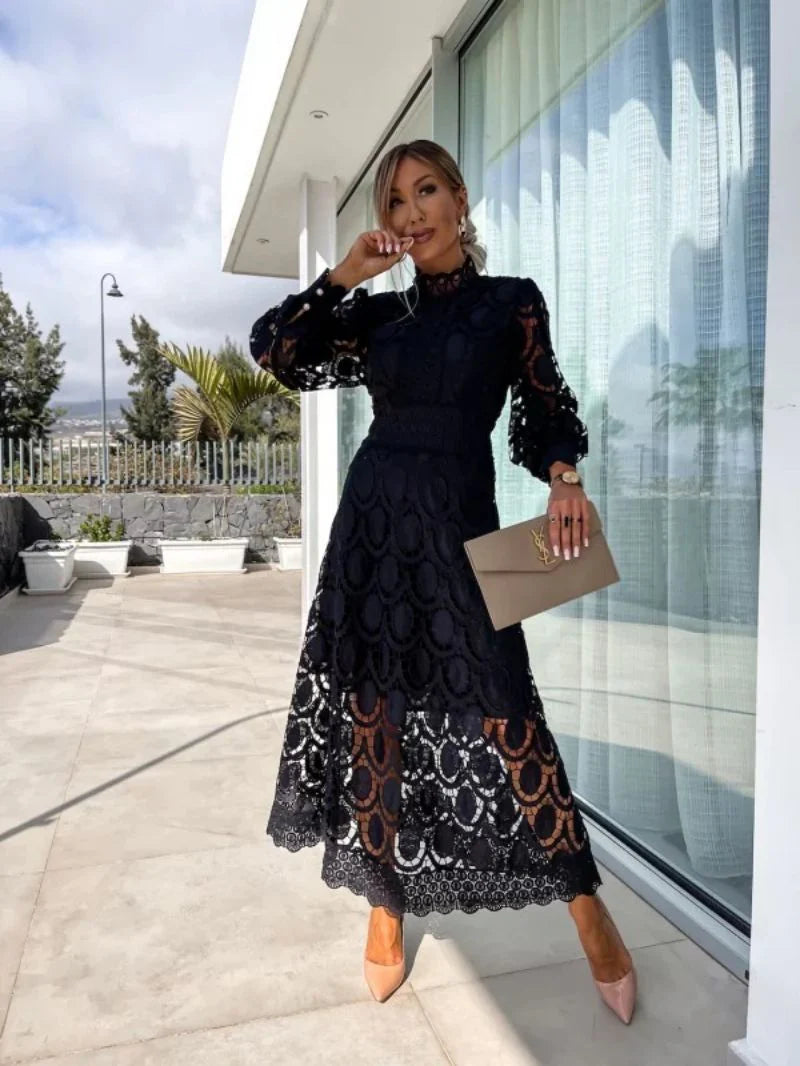 Amanda | Women’s Mock Neck Puff Sleeve Midi Dress