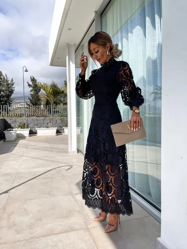 Amanda | Women’s Mock Neck Puff Sleeve Midi Dress