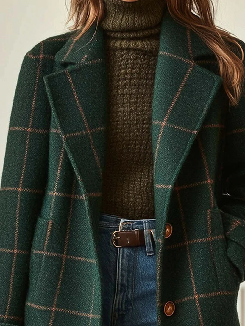 Amaya | Women's Notch Lapel Button Front Checked Pattern Coat