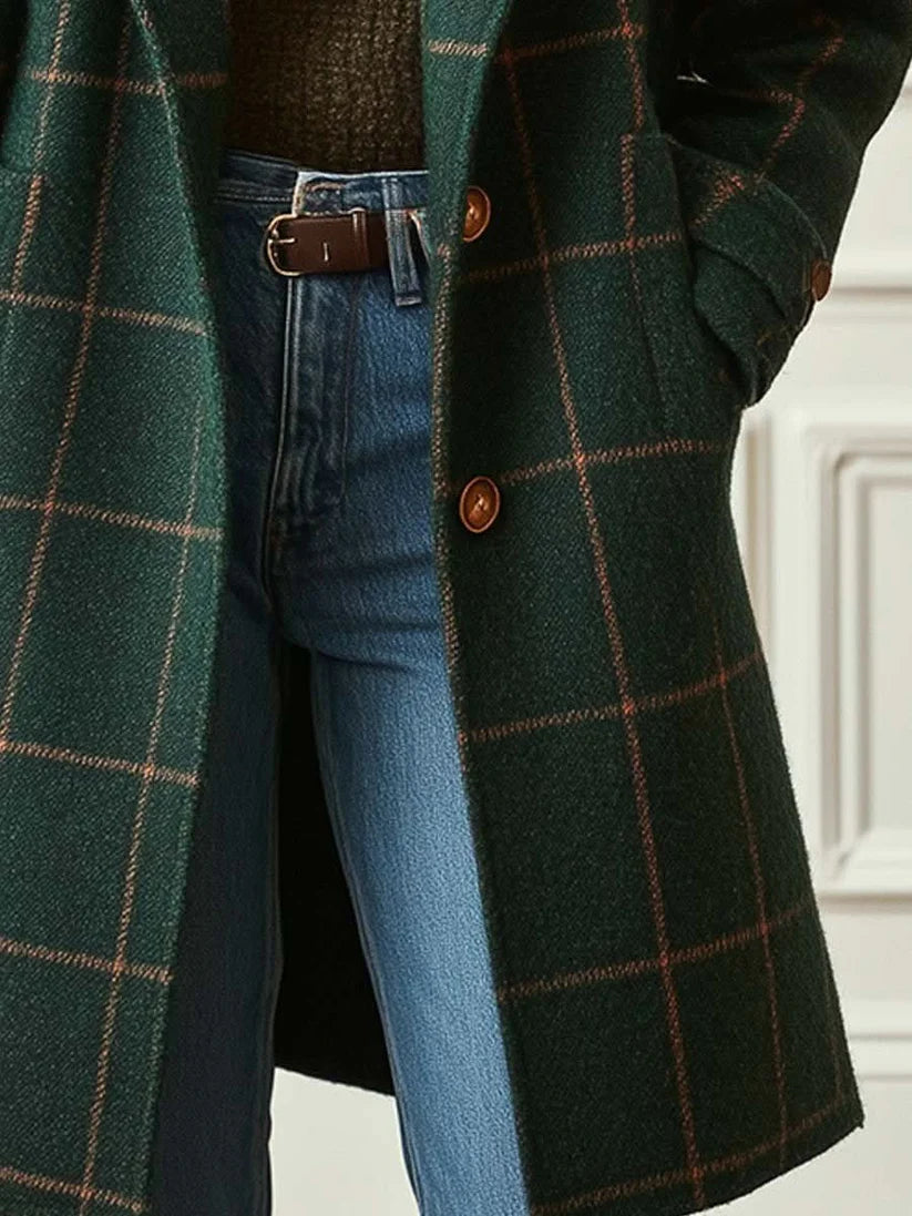Amaya | Women's Notch Lapel Button Front Checked Pattern Coat