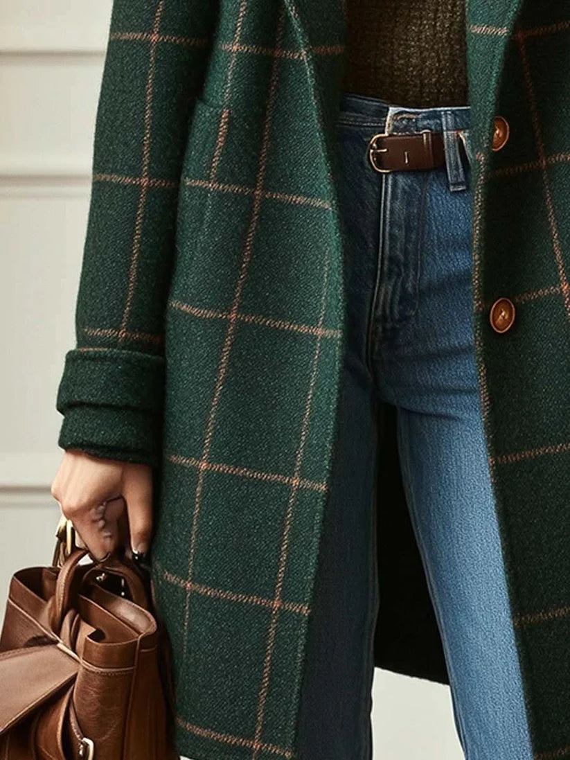 Amaya | Women's Notch Lapel Button Front Checked Pattern Coat