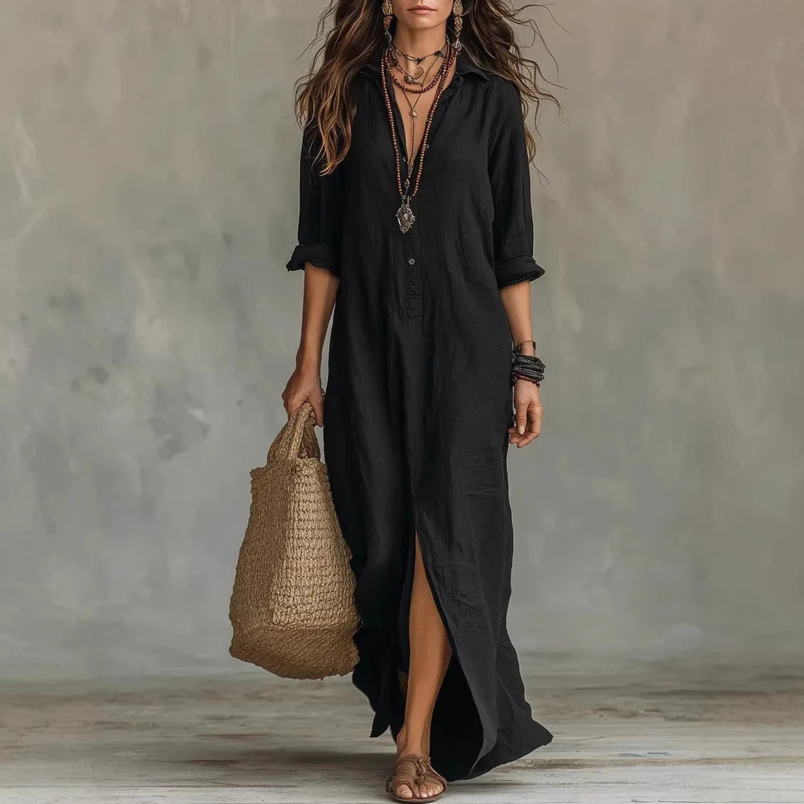 Amber | Women's Long Sleeve V Neck Flowy Maxi Dress