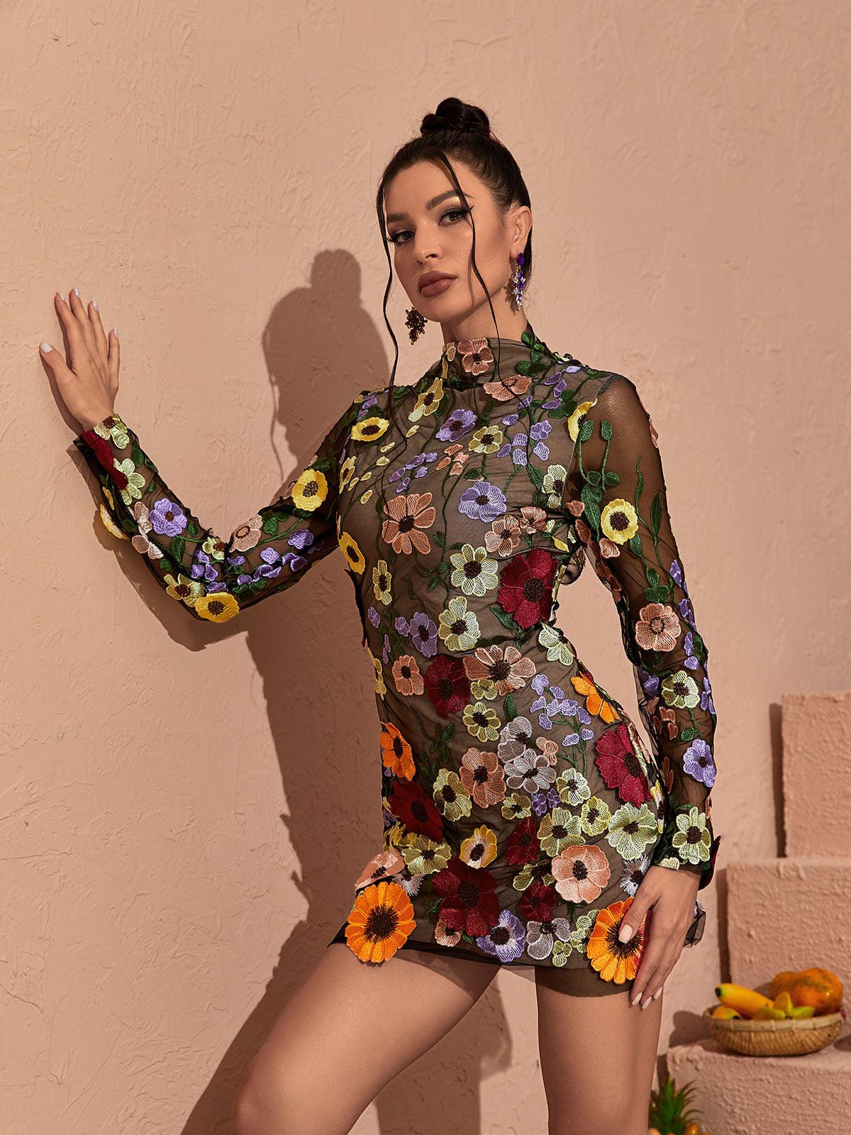Ameerah | Women’s Mesh Open Back Floral Applique Mini Dress