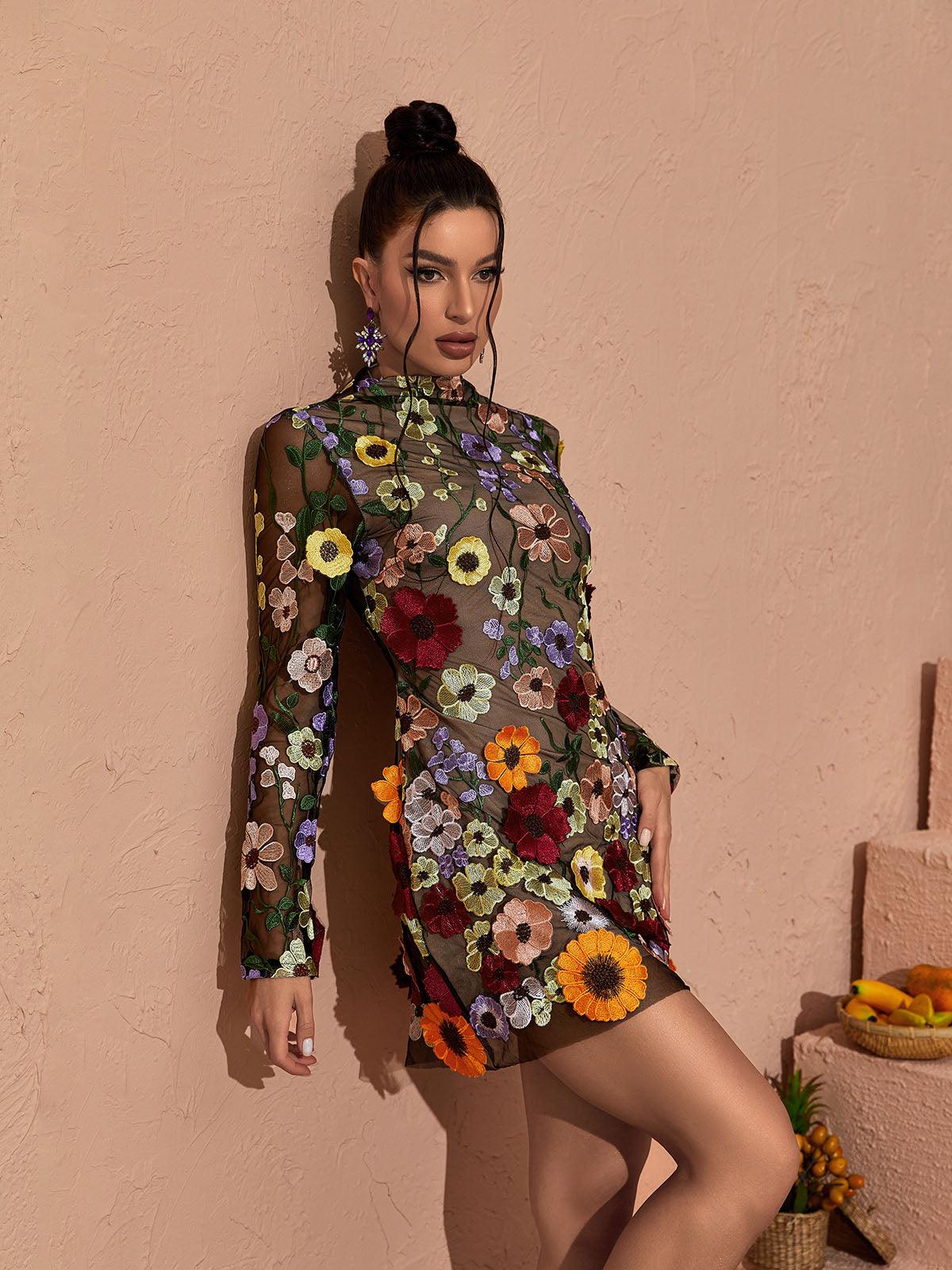 Ameerah | Women’s Mesh Open Back Floral Applique Mini Dress