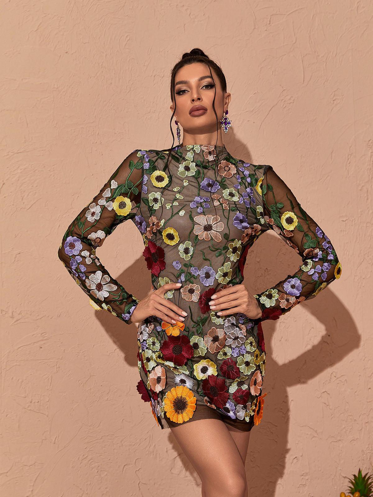 Ameerah | Women’s Mesh Open Back Floral Applique Mini Dress
