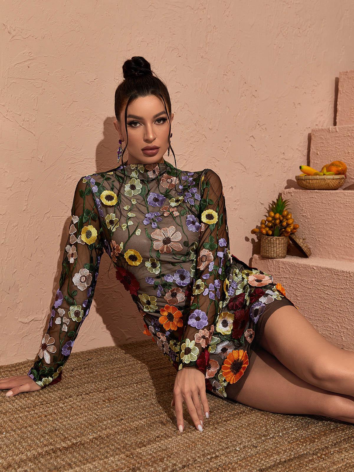 Ameerah | Women’s Mesh Open Back Floral Applique Mini Dress